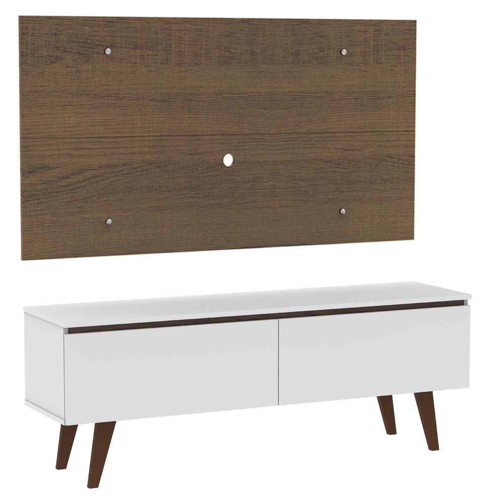 Combo Mueble y Panel de TV Le Mans Blanco y Marron 136x72cm para TV Hasta 55" Pulgadas con Ranuras para Cables y con Dos Compartimientos - MUEBLES DE TV | Bylmo
