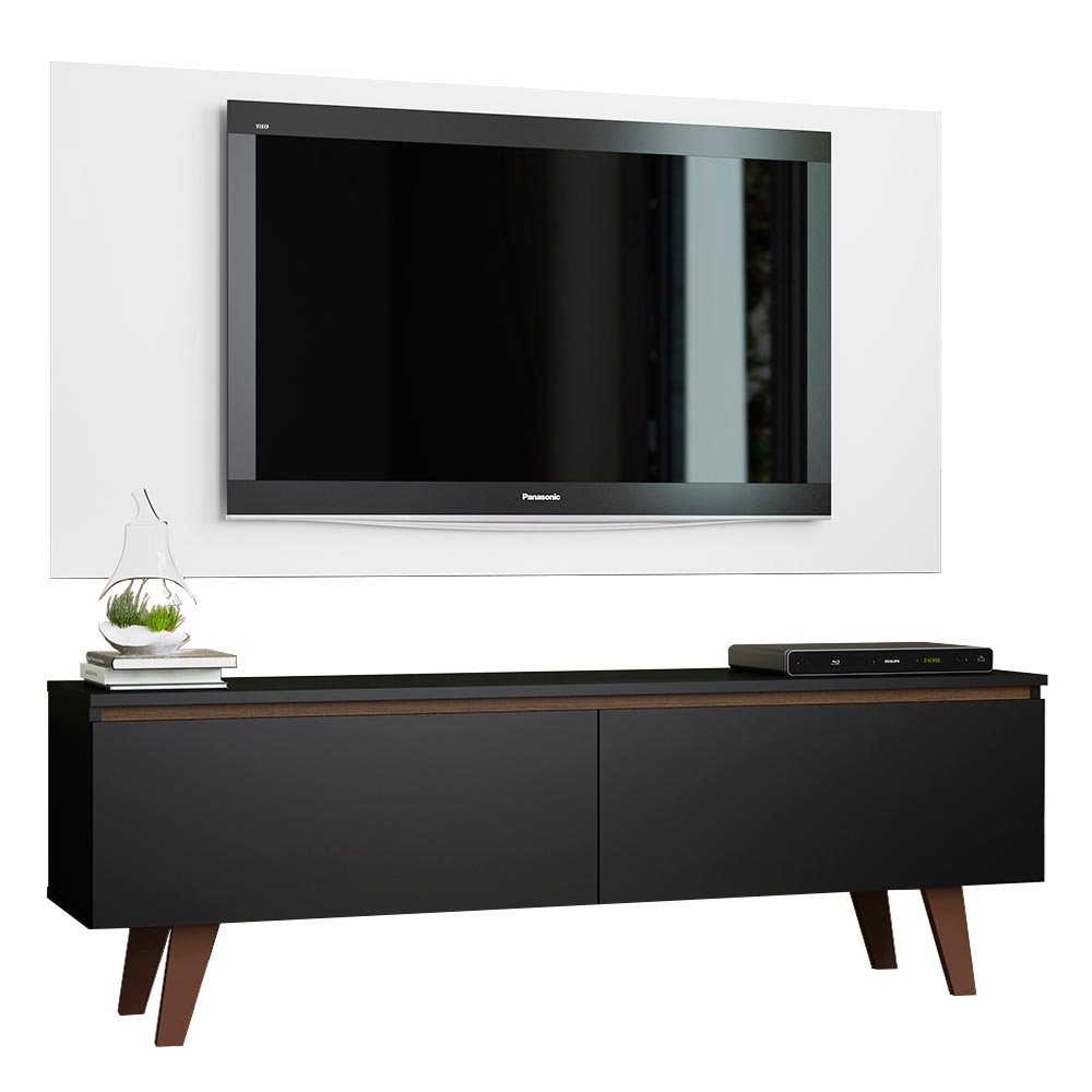 Combo Mueble y Panel de TV Le Mans Negro y Blanco 136x72cm para TV Hasta 55" Pulgadas con Ranuras para Cables y con Dos Compartimientos - MUEBLES DE TV | Bylmo