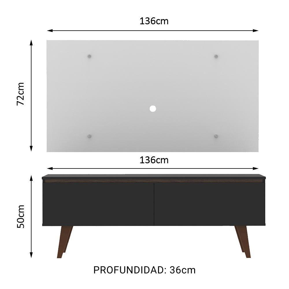 Combo Mueble y Panel de TV Le Mans Negro y Blanco 136x72cm para TV Hasta 55" Pulgadas con Ranuras para Cables y con Dos Compartimientos - MUEBLES DE TV | Bylmo