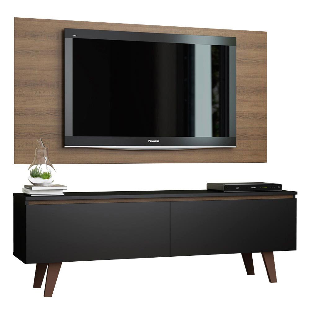 Combo Mueble y Panel de TV Le Mans Negro y Marron 136x72cm para TV Hasta 55" Pulgadas con Ranuras para Cables y con Dos Compartimientos - MUEBLES DE TV | Bylmo