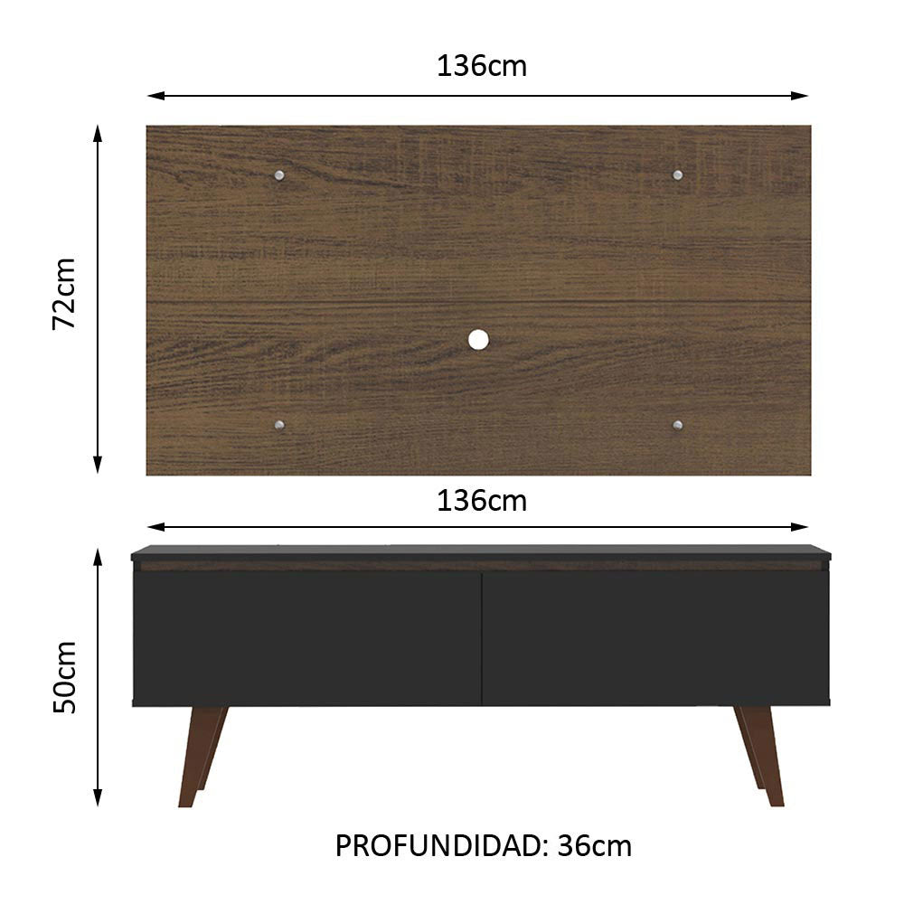 Combo Mueble y Panel de TV Le Mans Negro y Marron 136x72cm para TV Hasta 55" Pulgadas con Ranuras para Cables y con Dos Compartimientos - MUEBLES DE TV | Bylmo