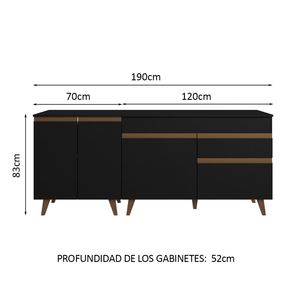 Set X 2 Muebles Inferiores de Cocina Reims Negro 190x83cm con Mesón de Madera Aglomerada MPD y sin Estufa - MUEBLES INFERIORES DE COCINA | Bylmo