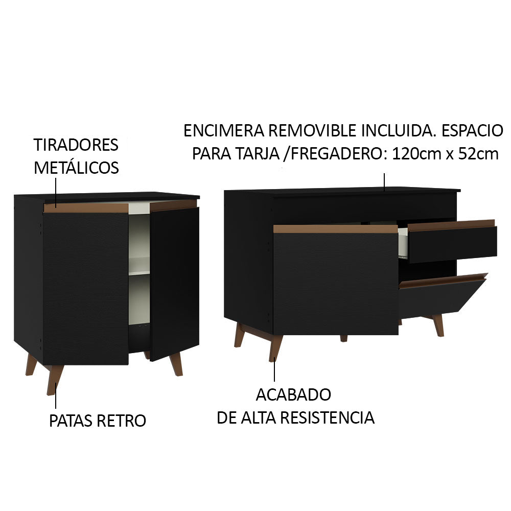 Set X 2 Muebles Inferiores de Cocina Reims Negro 190x83cm con Mesón de Madera Aglomerada MPD y sin Estufa - MUEBLES INFERIORES DE COCINA | Bylmo
