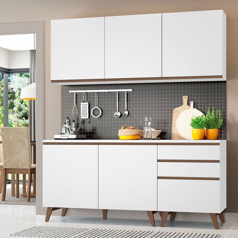 Cocina Integral Modular Reims Blanco 180x210cm con Mesón de Madera Aglomerada Mdp sin Estufa con Tres Cajones y con Nueve Entrepaños - COCINAS | Bylmo