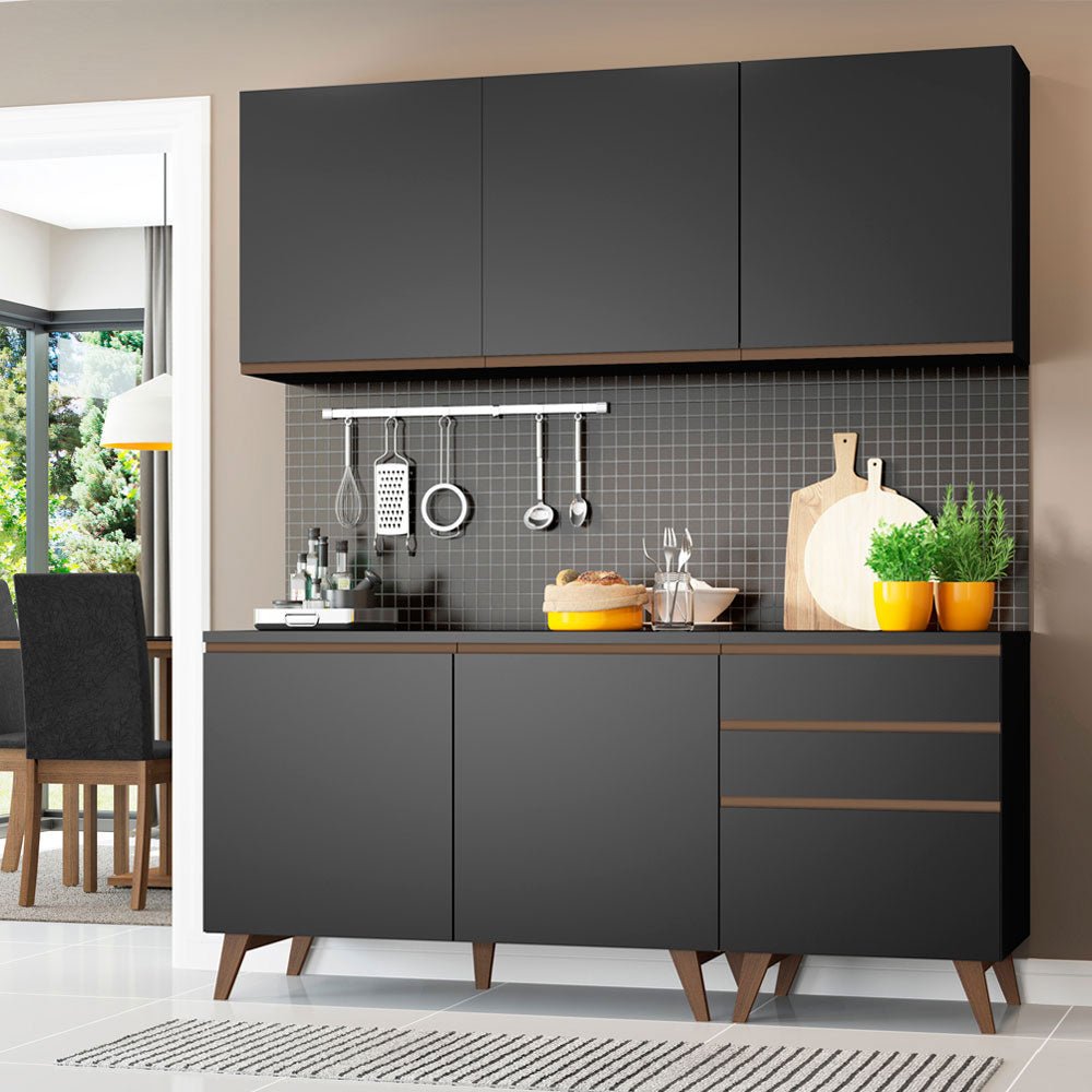 Cocina Integral Modular Reims Negro 180x210cm con Mesón de Madera Aglomerada Mdp sin Estufa con Tres Cajones y con Nueve Entrepaños - COCINAS | Bylmo