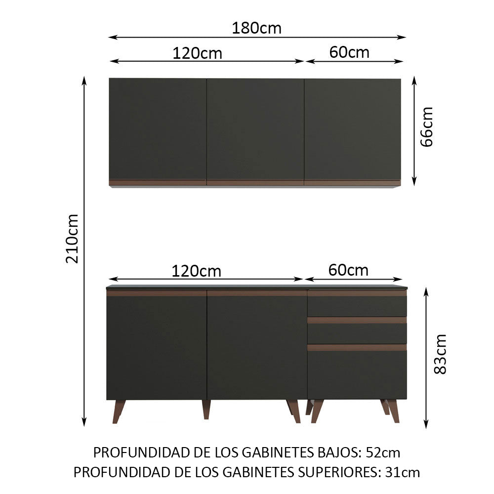 Cocina Integral Modular Reims Negro 180x210cm con Mesón de Madera Aglomerada Mdp sin Estufa con Tres Cajones y con Nueve Entrepaños - COCINAS | Bylmo