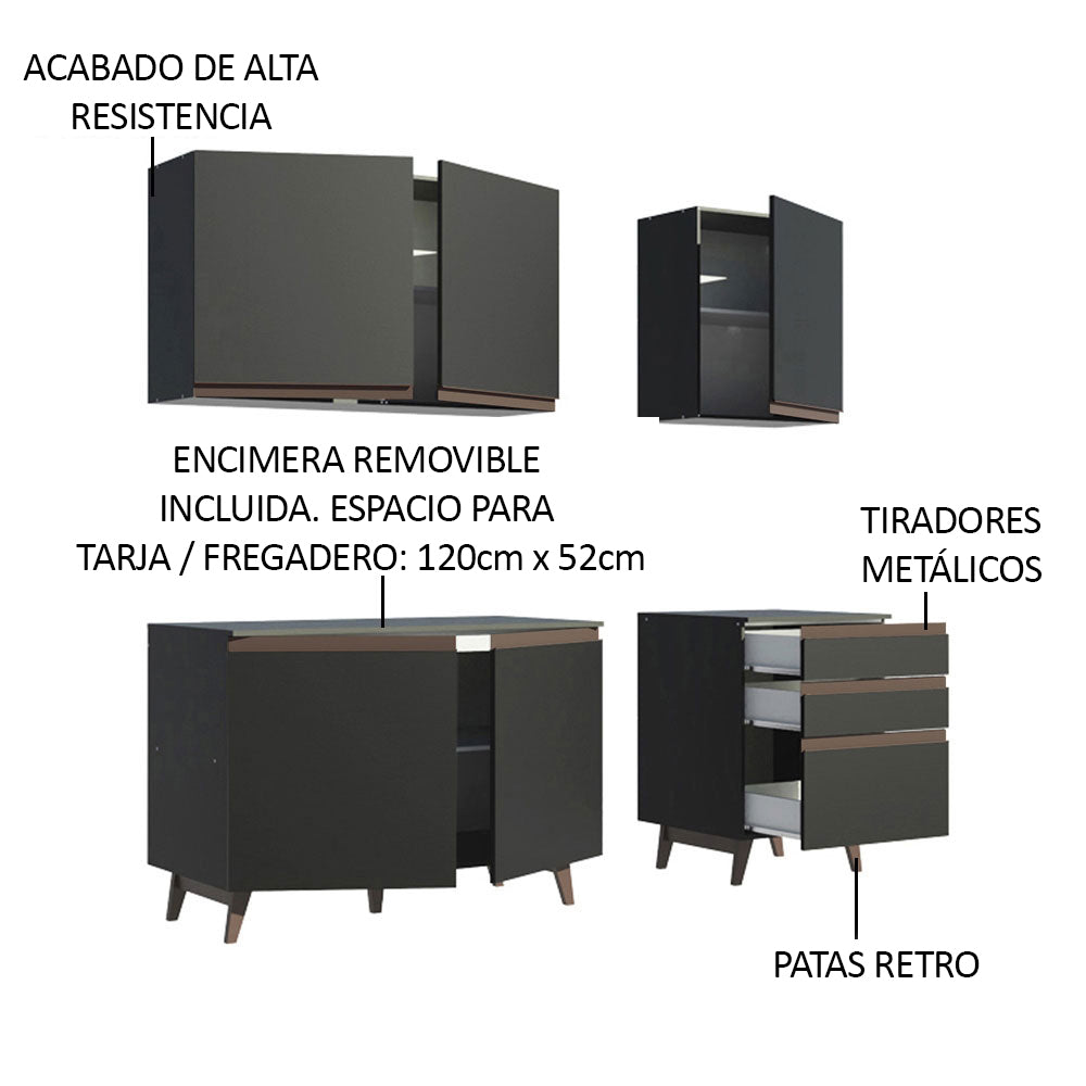 Cocina Integral Modular Reims Negro 180x210cm con Mesón de Madera Aglomerada Mdp sin Estufa con Tres Cajones y con Nueve Entrepaños - COCINAS | Bylmo