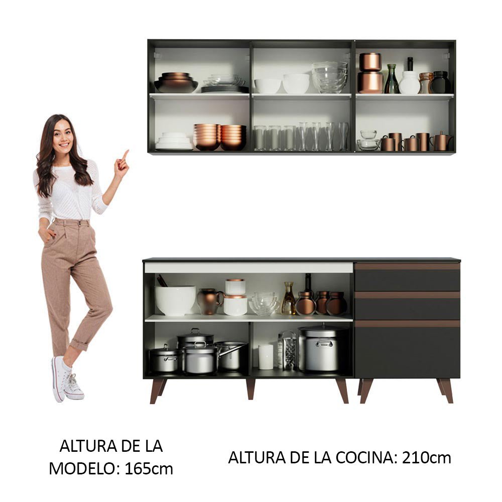 Cocina Integral Modular Reims Negro 180x210cm con Mesón de Madera Aglomerada Mdp sin Estufa con Tres Cajones y con Nueve Entrepaños - COCINAS | Bylmo