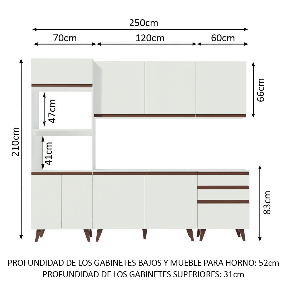 Cocina Integral Modular Reims Blanco 250x210cm con Mesón de Madera Aglomerada Mdp sin Estufa con Tres Cajones y con Catorce Entrepaños - COCINAS | Bylmo