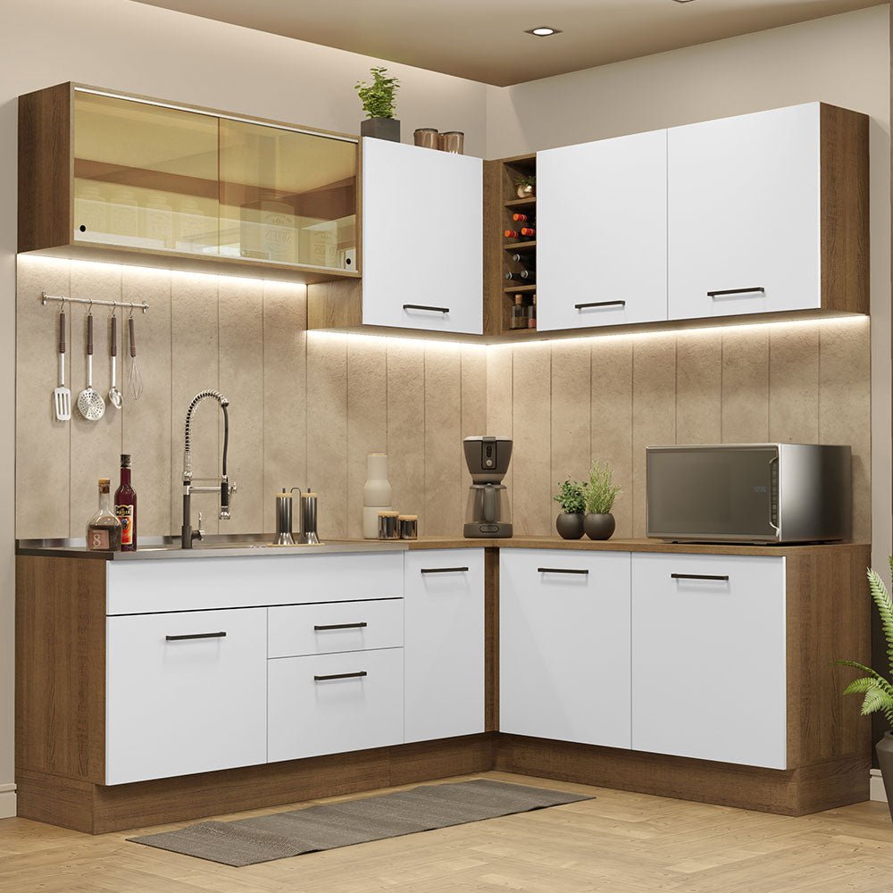 Cocina Integral Esquinero Modular Agata Marron y Blanco 389x225cm sin Mesón sin Estufa con Dos Cajones y con Veinte Entrepaños - COCINAS | Bylmo