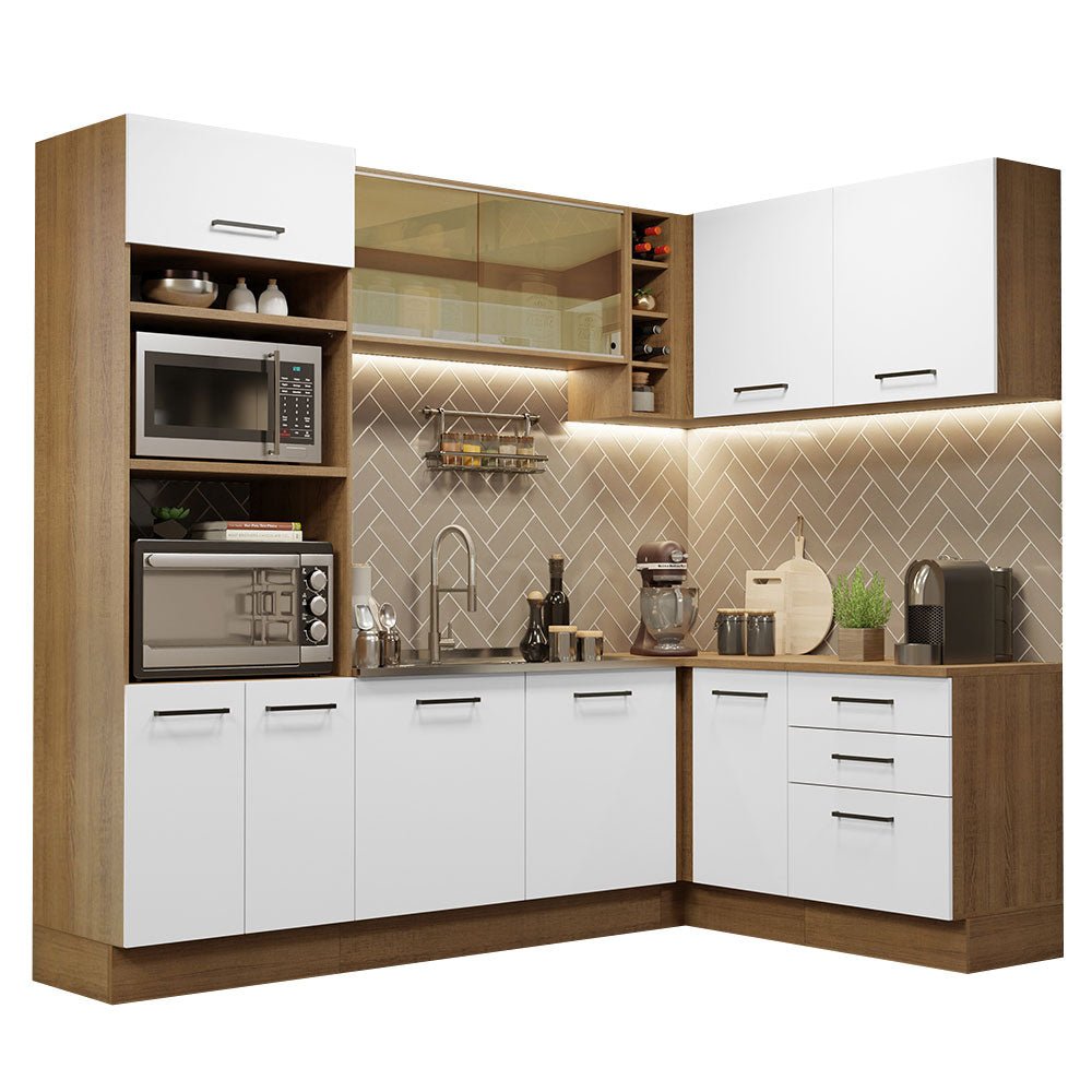 Cocina Integral Esquinero Modular Agata Marron y Blanco 399x225cm sin Mesón sin Estufa con Tres Cajones y con Veintitrés Entrepaños - COCINAS | Bylmo