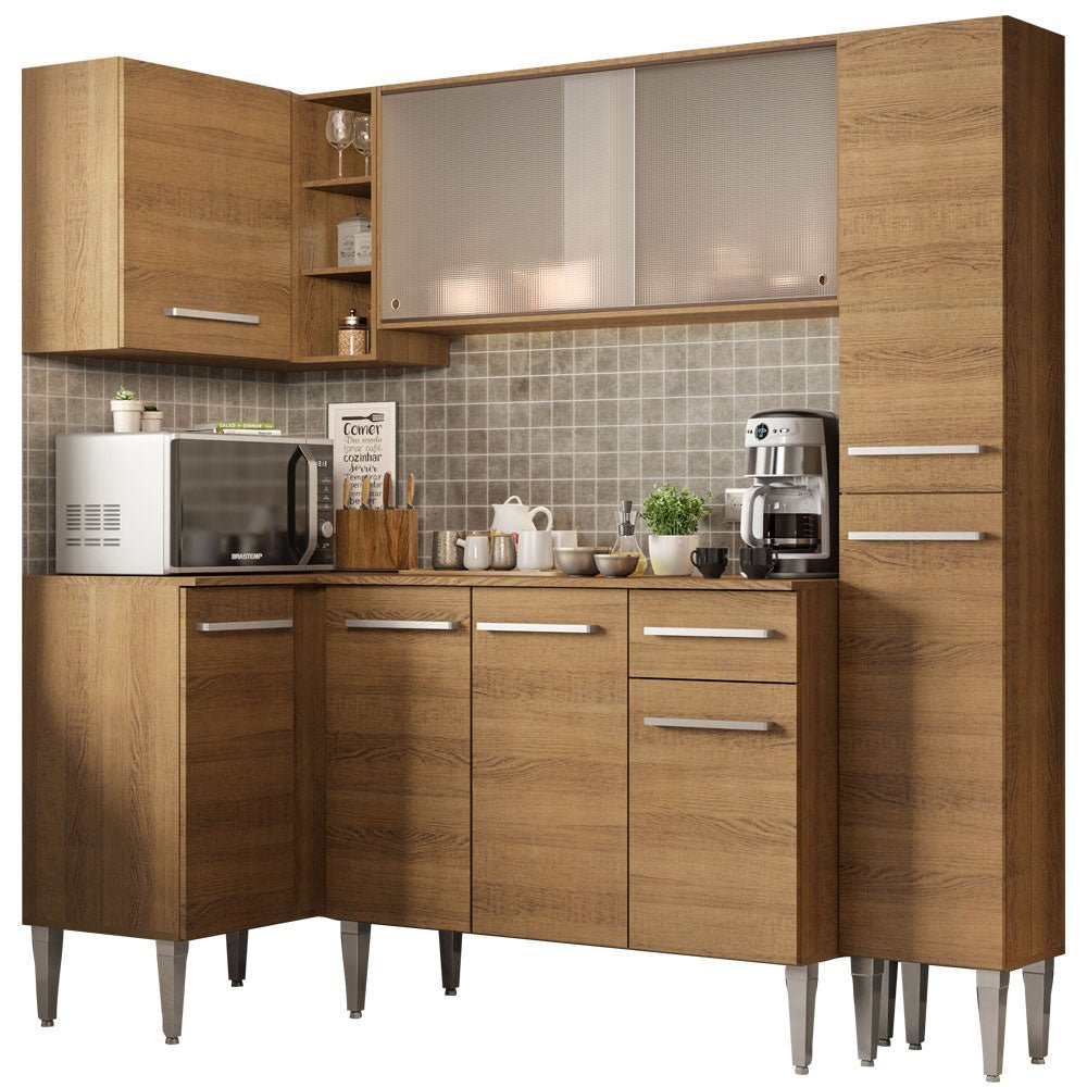 Cocina Integral Esquinero Modular Emilly Face Marron 261x186cm con Mesón de Madera Aglomerada Mdp sin Estufa con Un Cajón y con Dieciséis Entrepaños - COCINAS | Bylmo