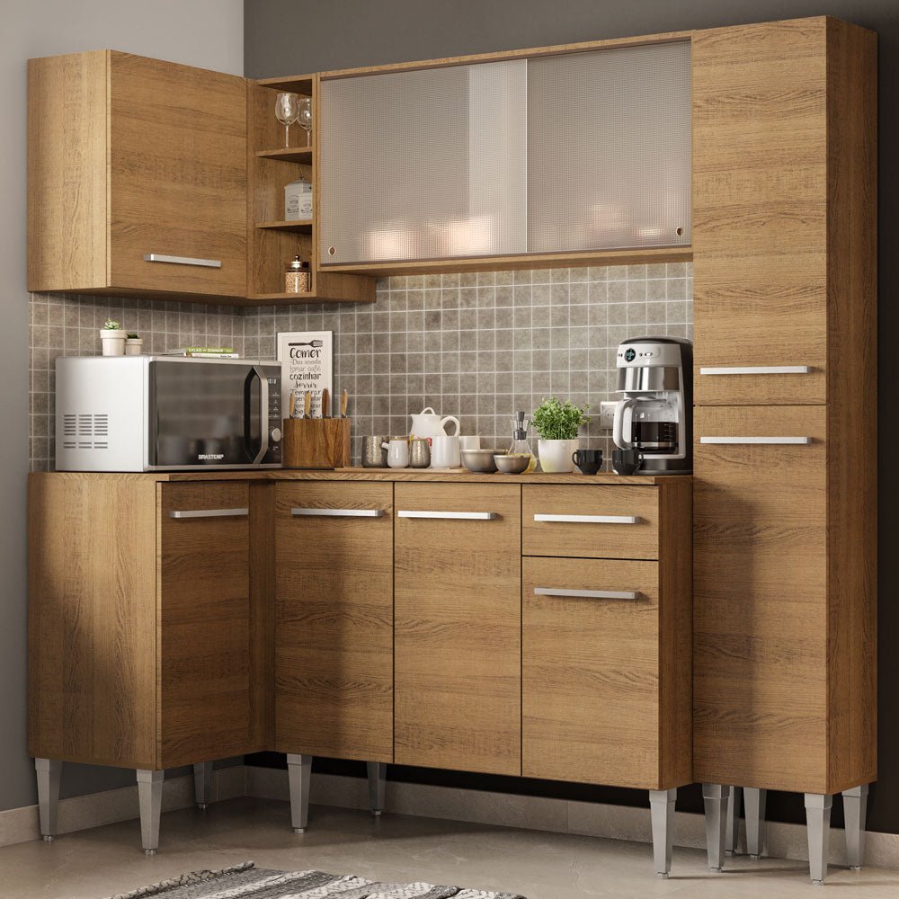 Cocina Integral Esquinero Modular Emilly Face Marron 261x186cm con Mesón de Madera Aglomerada Mdp sin Estufa con Un Cajón y con Dieciséis Entrepaños - COCINAS | Bylmo