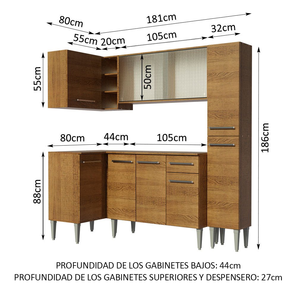 Cocina Integral Esquinero Modular Emilly Face Marron 261x186cm con Mesón de Madera Aglomerada Mdp sin Estufa con Un Cajón y con Dieciséis Entrepaños - COCINAS | Bylmo