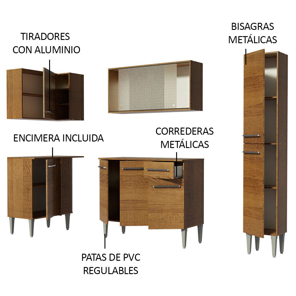 Cocina Integral Esquinero Modular Emilly Face Marron 261x186cm con Mesón de Madera Aglomerada Mdp sin Estufa con Un Cajón y con Dieciséis Entrepaños - COCINAS | Bylmo