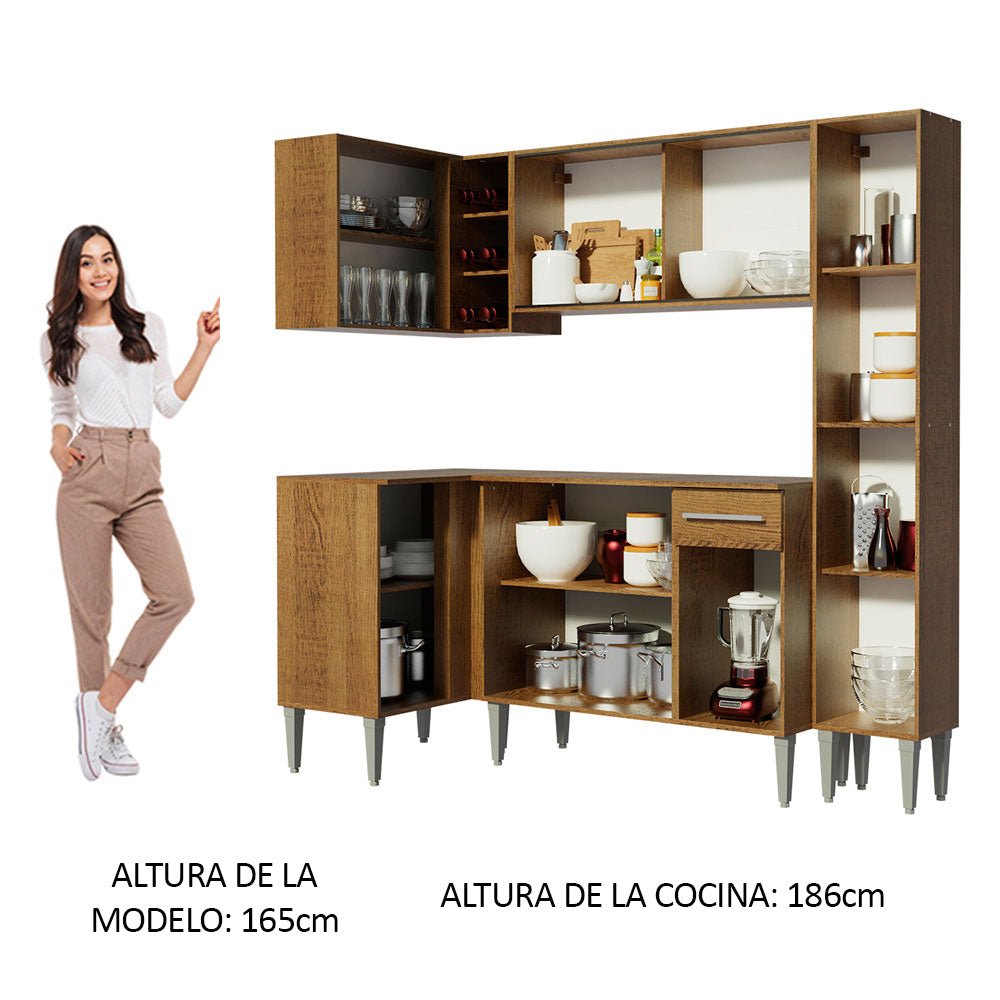 Cocina Integral Esquinero Modular Emilly Face Marron 261x186cm con Mesón de Madera Aglomerada Mdp sin Estufa con Un Cajón y con Dieciséis Entrepaños - COCINAS | Bylmo