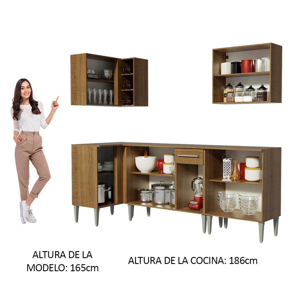 Cocina Integral Esquinero Modular Emilly Open Marron 293x186cm con Mesón de Madera Aglomerada Mdp sin Estufa con Un Cajón y con Catorce Entrepaños - COCINAS | Bylmo
