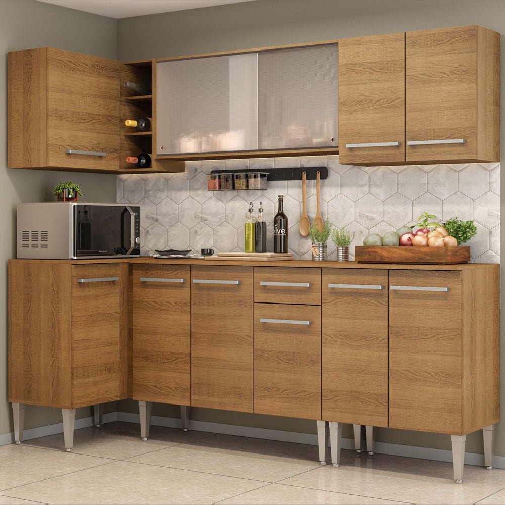 Cocina Integral Esquinero Modular Emilly Point Marron 293x186cm con Mesón de Madera Aglomerada Mdp sin Estufa con Un Cajón y con Dieciséis Entrepaños - COCINAS | Bylmo
