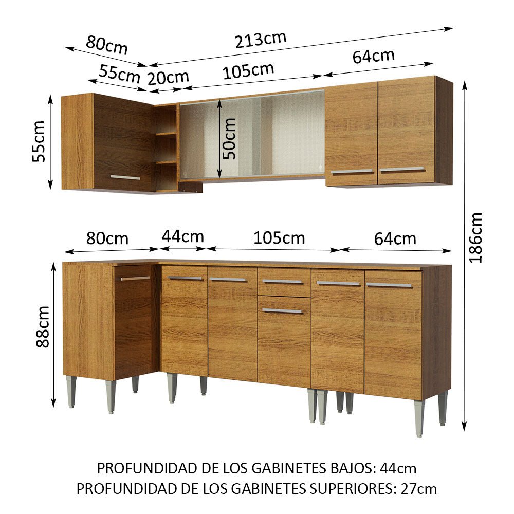 Cocina Integral Esquinero Modular Emilly Point Marron 293x186cm con Mesón de Madera Aglomerada Mdp sin Estufa con Un Cajón y con Dieciséis Entrepaños - COCINAS | Bylmo