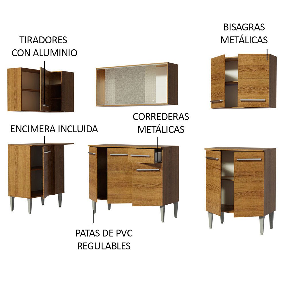 Cocina Integral Esquinero Modular Emilly Point Marron 293x186cm con Mesón de Madera Aglomerada Mdp sin Estufa con Un Cajón y con Dieciséis Entrepaños - COCINAS | Bylmo