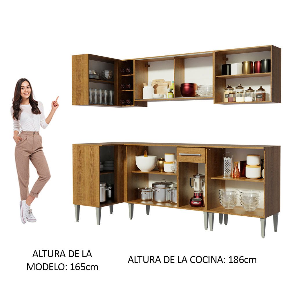 Cocina Integral Esquinero Modular Emilly Point Marron 293x186cm con Mesón de Madera Aglomerada Mdp sin Estufa con Un Cajón y con Dieciséis Entrepaños - COCINAS | Bylmo