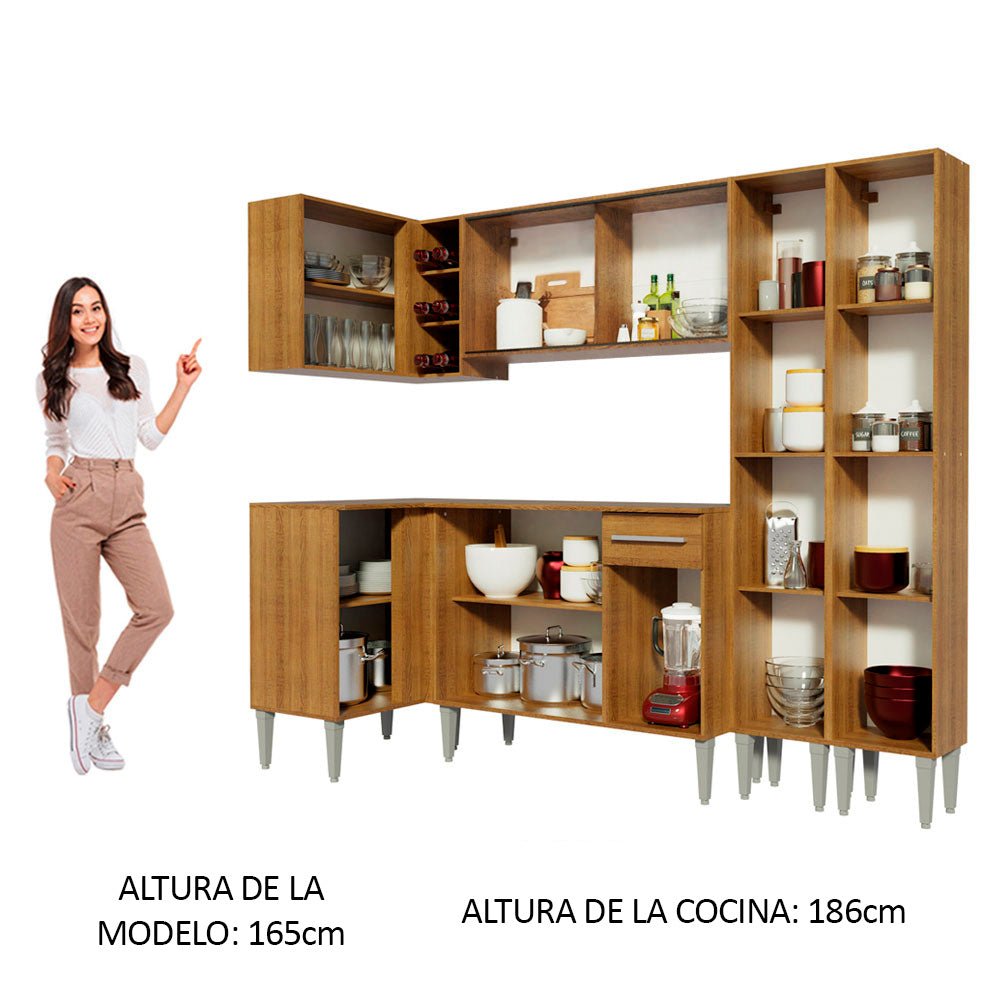 Cocina Integral Esquinero Modular Emilly Line Marron 293x186cm con Mesón de Madera Aglomerada Mdp sin Estufa con Un Cajón y con Veinte Entrepaños - COCINAS | Bylmo