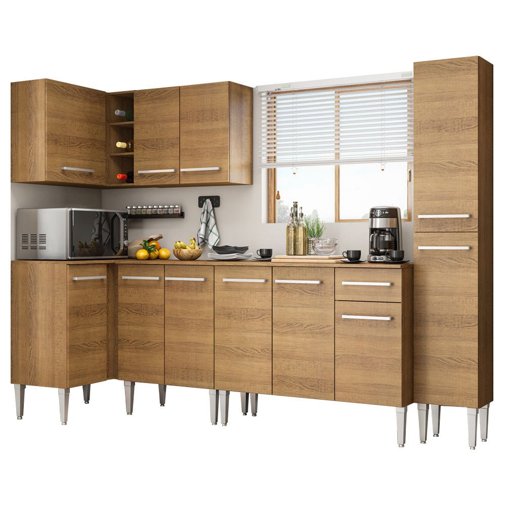 Cocina Integral Esquinero Modular Emilly Water Marron 325x186cm con Mesón de Madera Aglomerada Mdp sin Estufa con Un Cajón y con Dieciocho Entrepaños - COCINAS | Bylmo