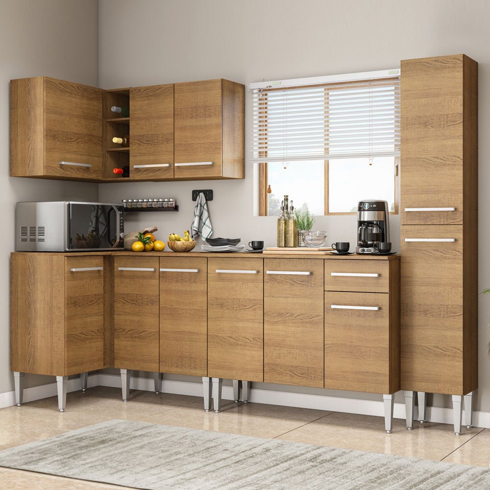 Cocina Integral Esquinero Modular Emilly Water Marron 325x186cm con Mesón de Madera Aglomerada Mdp sin Estufa con Un Cajón y con Dieciocho Entrepaños - COCINAS | Bylmo