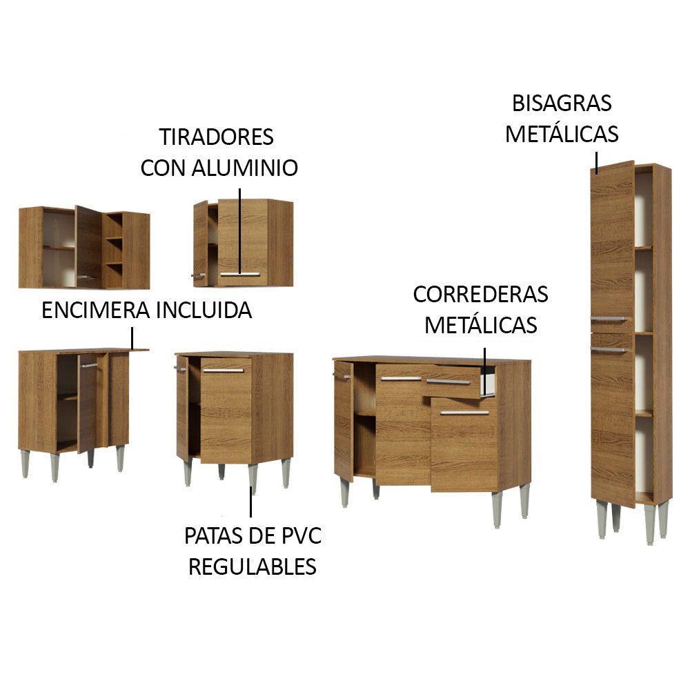 Cocina Integral Esquinero Modular Emilly Water Marron 325x186cm con Mesón de Madera Aglomerada Mdp sin Estufa con Un Cajón y con Dieciocho Entrepaños - COCINAS | Bylmo