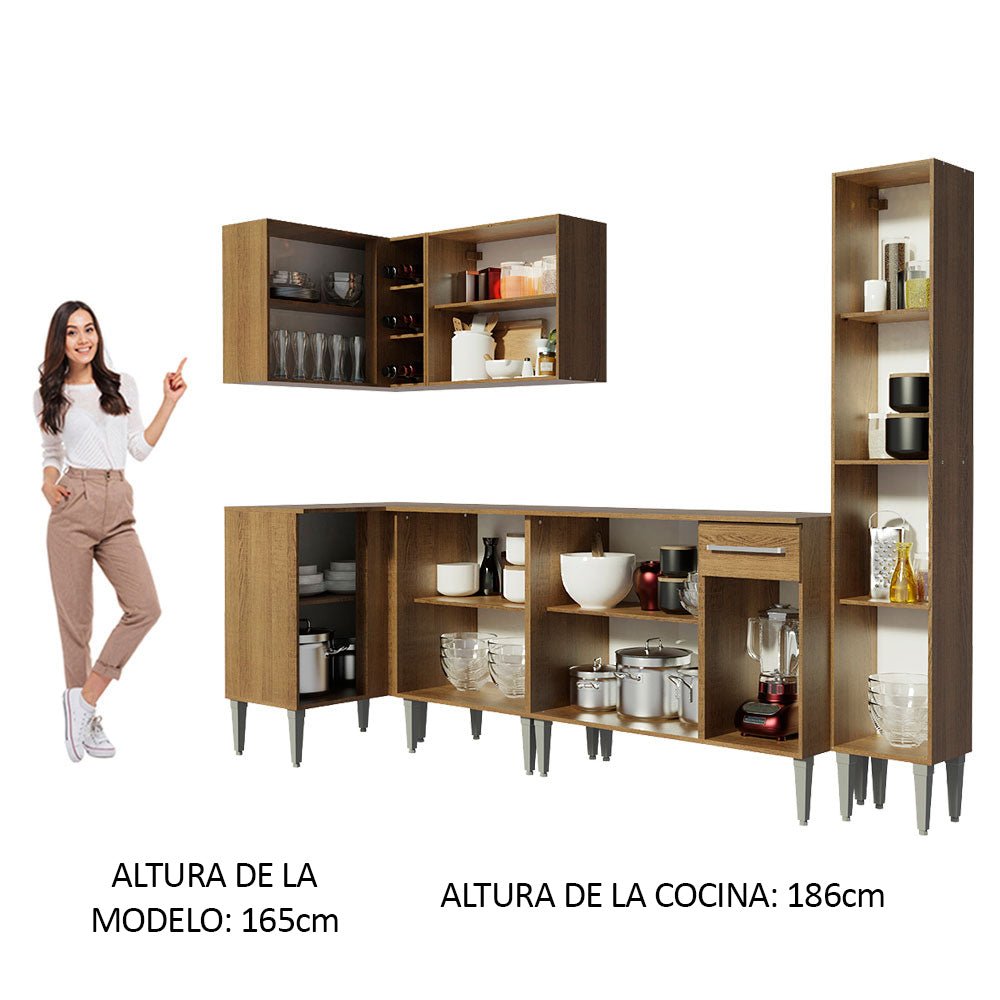 Cocina Integral Esquinero Modular Emilly Water Marron 325x186cm con Mesón de Madera Aglomerada Mdp sin Estufa con Un Cajón y con Dieciocho Entrepaños - COCINAS | Bylmo
