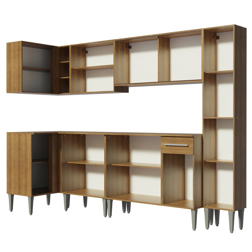 Cocina Integral Esquinero Modular Emilly Space Marron 325x186cm con Mesón de Madera Aglomerada Mdp sin Estufa con Un Cajón y con Veinte Entrepaños - COCINAS | Bylmo