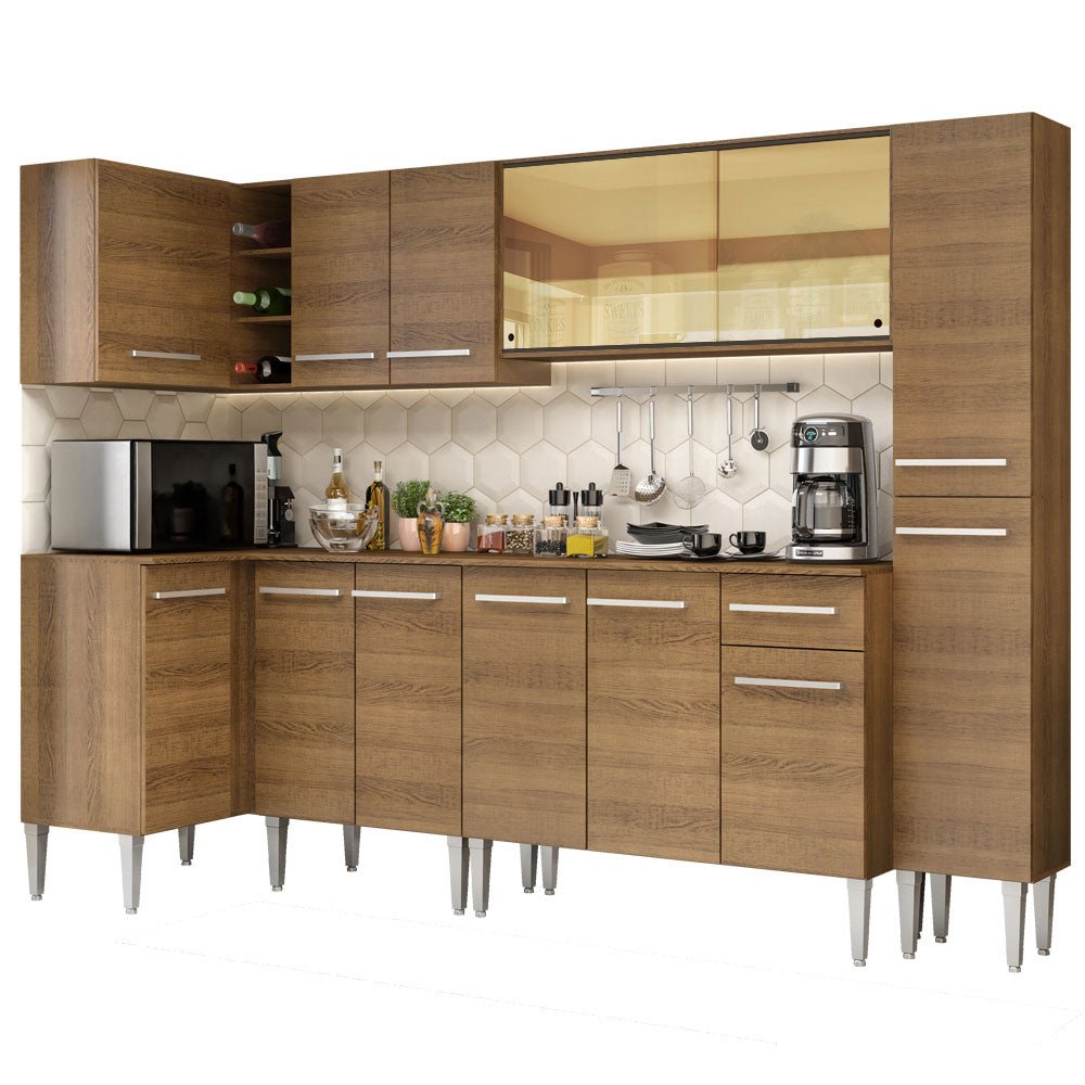Cocina Integral Esquinero Modular Emilly Water Marron 325x186cm con Mesón de Madera Aglomerada Mdp sin Estufa con Un Cajón y con Veinte Entrepaños - COCINAS | Bylmo