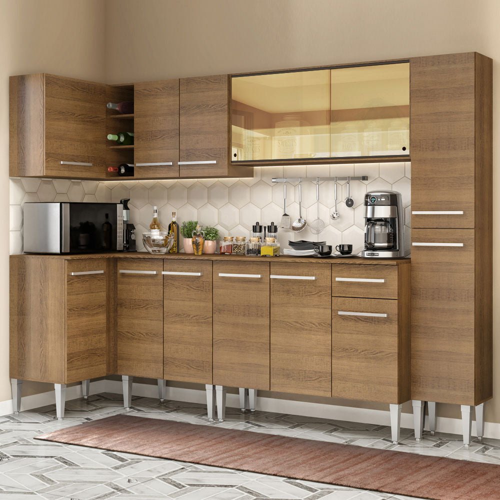 Cocina Integral Esquinero Modular Emilly Water Marron 325x186cm con Mesón de Madera Aglomerada Mdp sin Estufa con Un Cajón y con Veinte Entrepaños - COCINAS | Bylmo