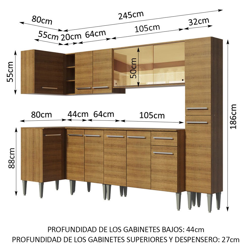 Cocina Integral Esquinero Modular Emilly Water Marron 325x186cm con Mesón de Madera Aglomerada Mdp sin Estufa con Un Cajón y con Veinte Entrepaños - COCINAS | Bylmo