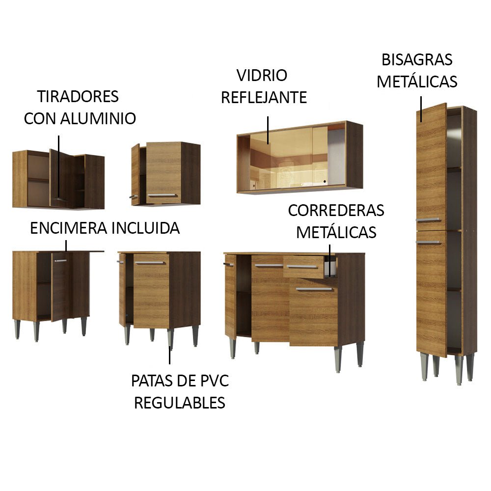 Cocina Integral Esquinero Modular Emilly Water Marron 325x186cm con Mesón de Madera Aglomerada Mdp sin Estufa con Un Cajón y con Veinte Entrepaños - COCINAS | Bylmo