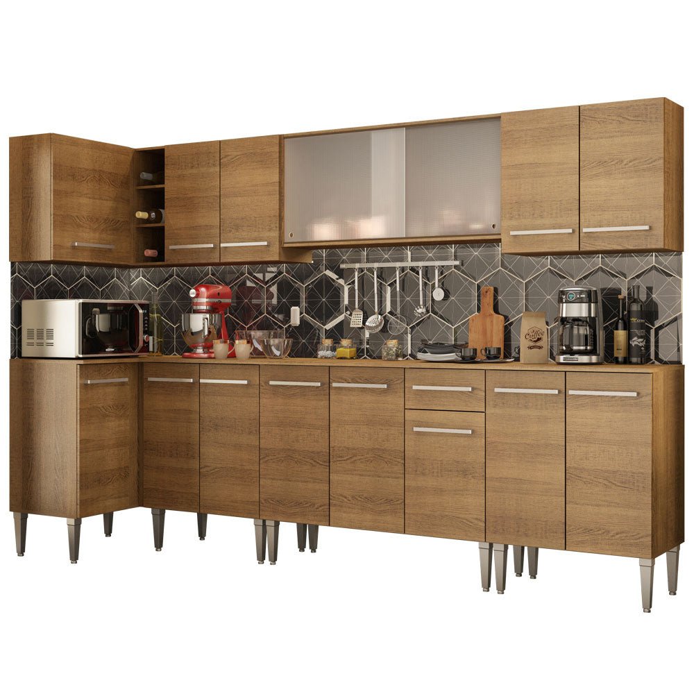 Cocina Integral Esquinero Modular Emilly Jazz Marron 357x186cm con Mesón de Madera Aglomerada Mdp sin Estufa con Un Cajón y con Veinte Entrepaños - COCINAS | Bylmo