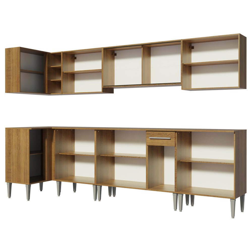 Cocina Integral Esquinero Modular Emilly Jazz Marron 357x186cm con Mesón de Madera Aglomerada Mdp sin Estufa con Un Cajón y con Veinte Entrepaños - COCINAS | Bylmo