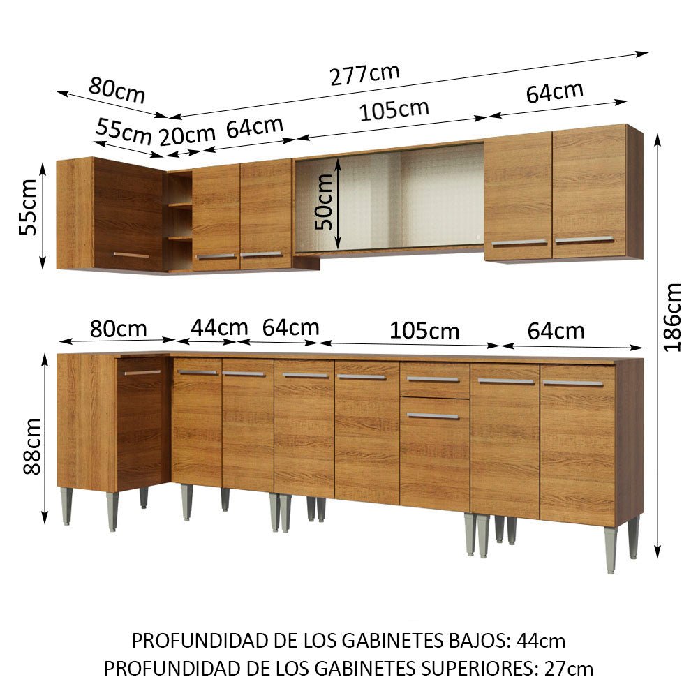 Cocina Integral Esquinero Modular Emilly Jazz Marron 357x186cm con Mesón de Madera Aglomerada Mdp sin Estufa con Un Cajón y con Veinte Entrepaños - COCINAS | Bylmo