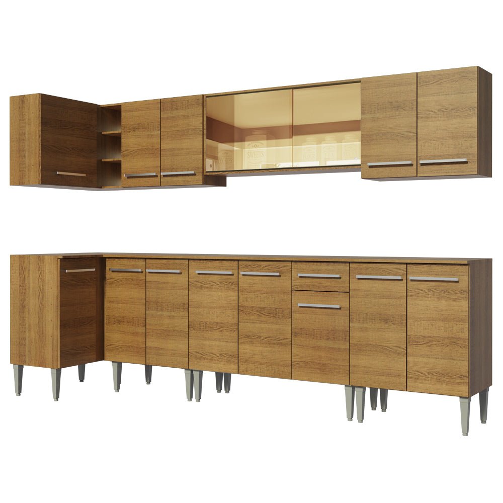 Cocina Integral Esquinero Modular Emilly Mega Marron 357x186cm con Mesón de Madera Aglomerada Mdp sin Estufa con Un Cajón y con Veinte Entrepaños - COCINAS | Bylmo