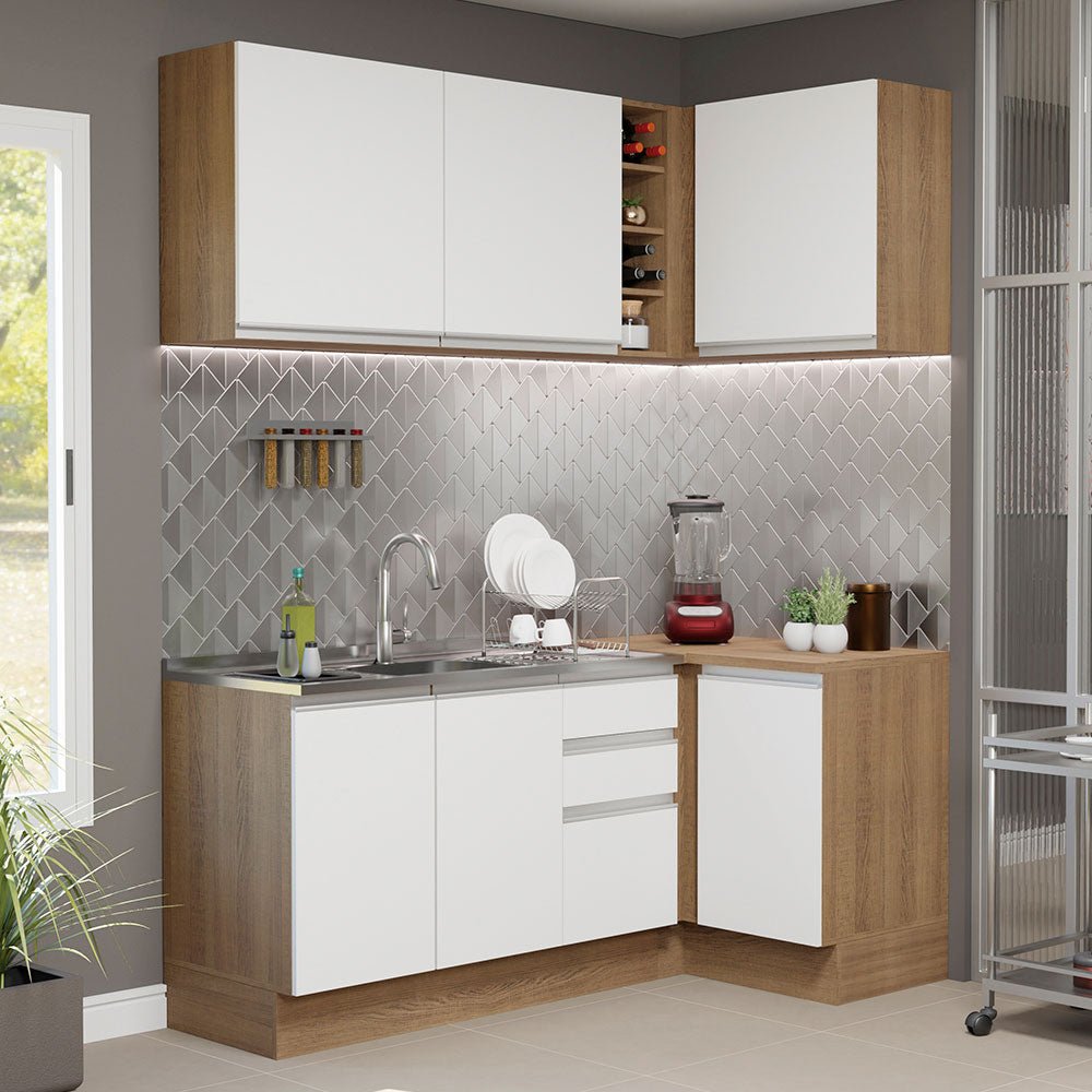 Cocina Integral Esquinero Modular Glamy Marron y Blanco 269x225cm sin Mesón sin Estufa con Tres Cajones y con Catorce Entrepaños - COCINAS | Bylmo