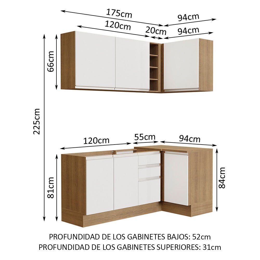Cocina Integral Esquinero Modular Glamy Marron y Blanco 269x225cm sin Mesón sin Estufa con Tres Cajones y con Catorce Entrepaños - COCINAS | Bylmo