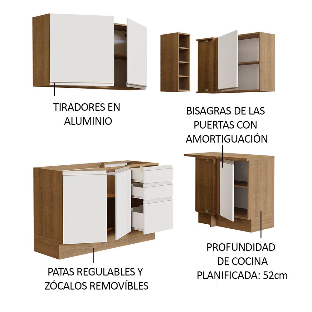 Cocina Integral Esquinero Modular Glamy Marron y Blanco 269x225cm sin Mesón sin Estufa con Tres Cajones y con Catorce Entrepaños - COCINAS | Bylmo