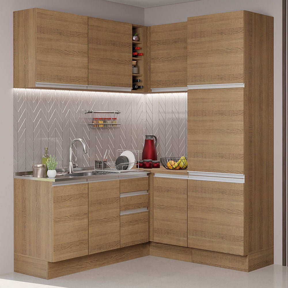 Cocina Integral Esquinero Modular Glamy Marron 329x225cm sin Mesón sin Estufa con Tres Cajones y con Diecinueve Entrepaños - COCINAS | Bylmo
