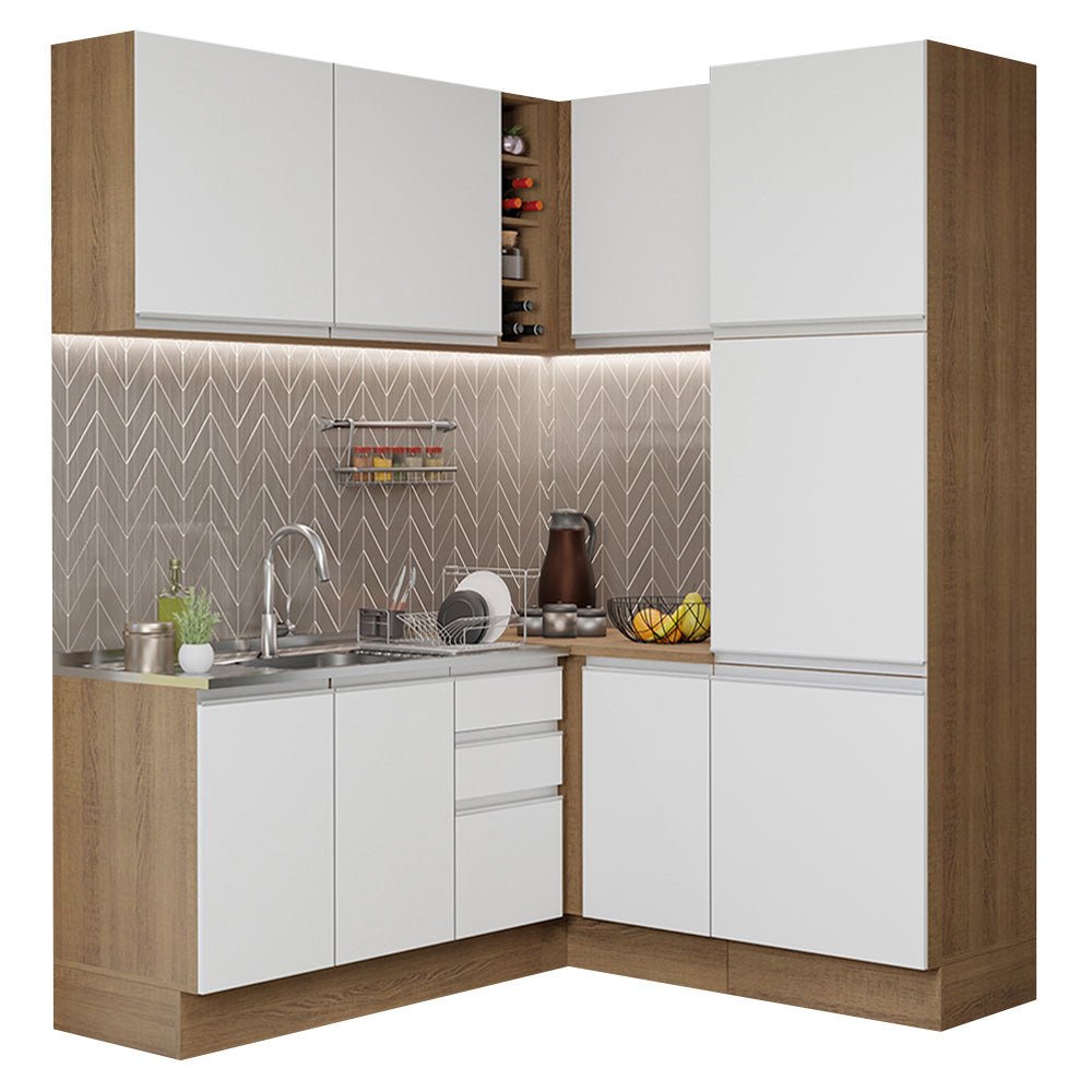 Cocina Integral Esquinero Modular Glamy Marron y Blanco 329x225cm sin Mesón sin Estufa con Tres Cajones y con Diecinueve Entrepaños - COCINAS | Bylmo