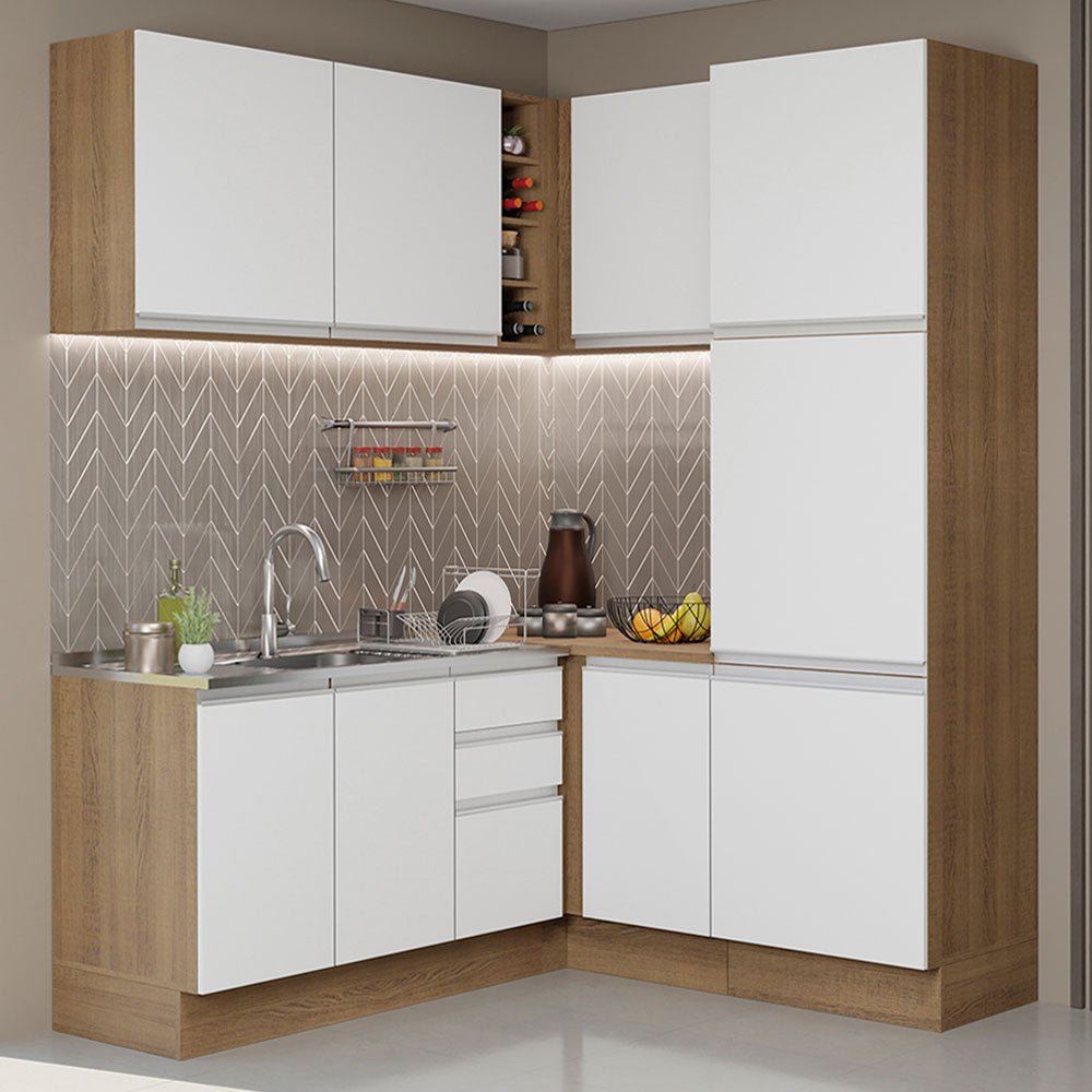 Cocina Integral Esquinero Modular Glamy Marron y Blanco 329x225cm sin Mesón sin Estufa con Tres Cajones y con Diecinueve Entrepaños - COCINAS | Bylmo