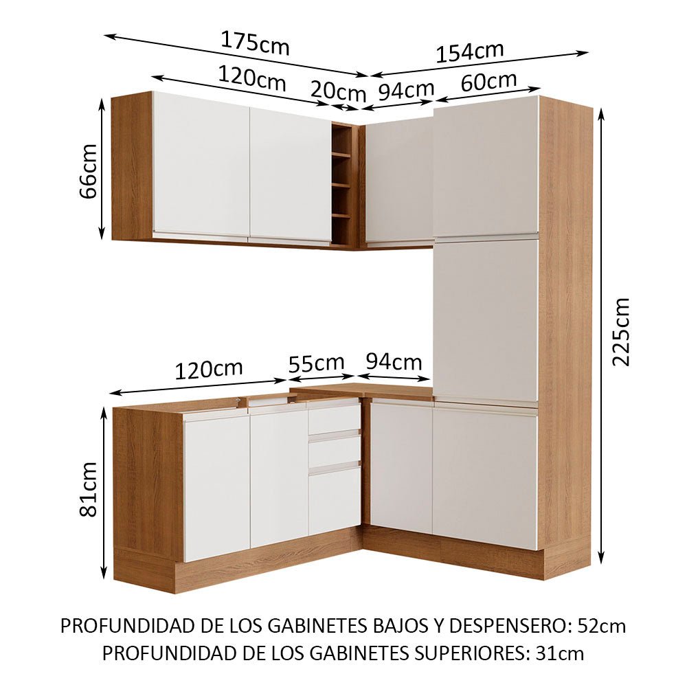 Cocina Integral Esquinero Modular Glamy Marron y Blanco 329x225cm sin Mesón sin Estufa con Tres Cajones y con Diecinueve Entrepaños - COCINAS | Bylmo