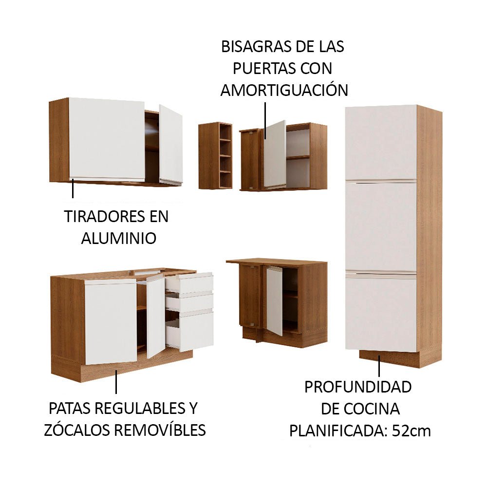 Cocina Integral Esquinero Modular Glamy Marron y Blanco 329x225cm sin Mesón sin Estufa con Tres Cajones y con Diecinueve Entrepaños - COCINAS | Bylmo