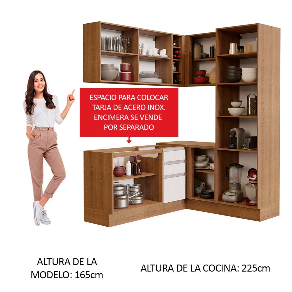 Cocina Integral Esquinero Modular Glamy Marron y Blanco 329x225cm sin Mesón sin Estufa con Tres Cajones y con Diecinueve Entrepaños - COCINAS | Bylmo