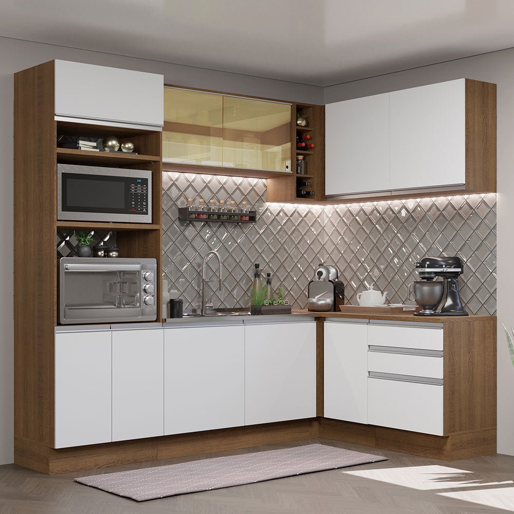 Cocina Integral Esquinero Modular Glamy Marron y Blanco 399x225cm sin Mesón sin Estufa con Tres Cajones y con Veintitrés Entrepaños - COCINAS | Bylmo