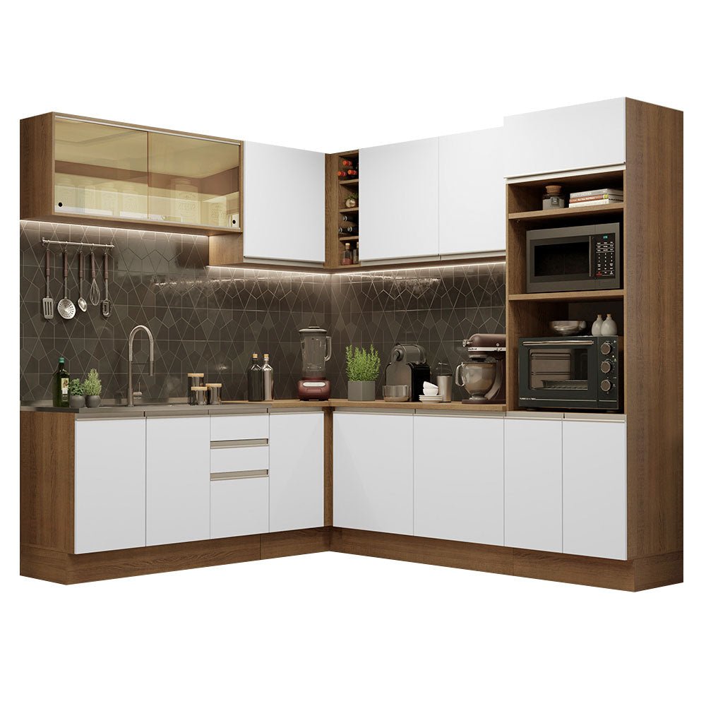 Cocina Integral Esquinero Modular Glamy Marron y Blanco 459x225cm sin Mesón sin Estufa con Tres Cajones y con Veintisiete Entrepaños - COCINAS | Bylmo